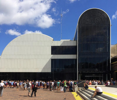 Crowds building outside the Powerhouse Museum.