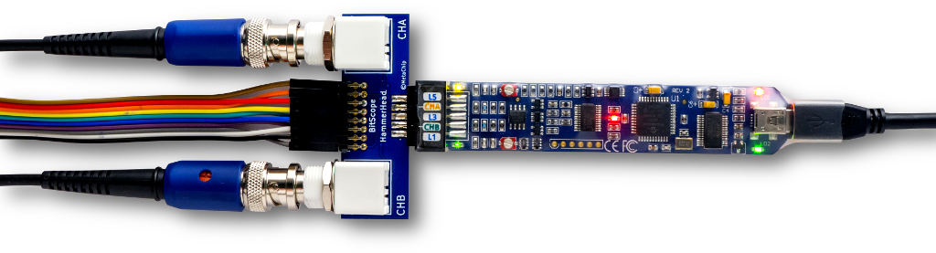 BitScope Micro and the BNC Probe Adapter with Probes Attached